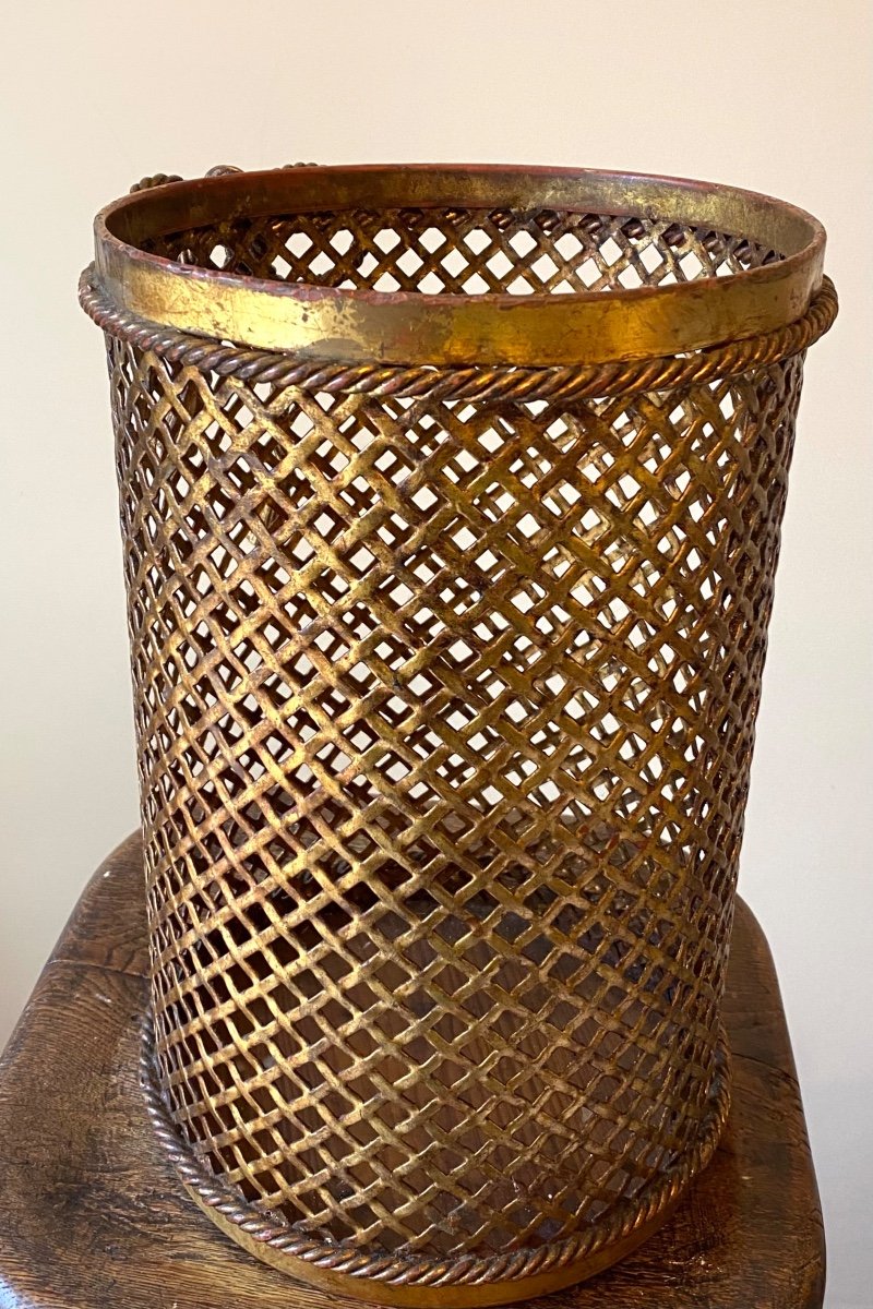 Li Puma. Openwork And Gilded Metal Basket. Italy, Mid-20th. Passementerie Decoration. -photo-4