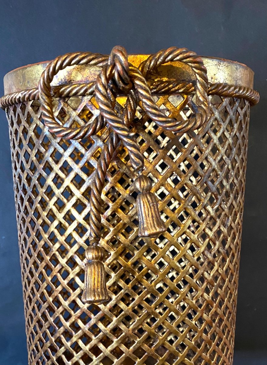 Li Puma. Openwork And Gilded Metal Basket. Italy, Mid-20th. Passementerie Decoration. -photo-1