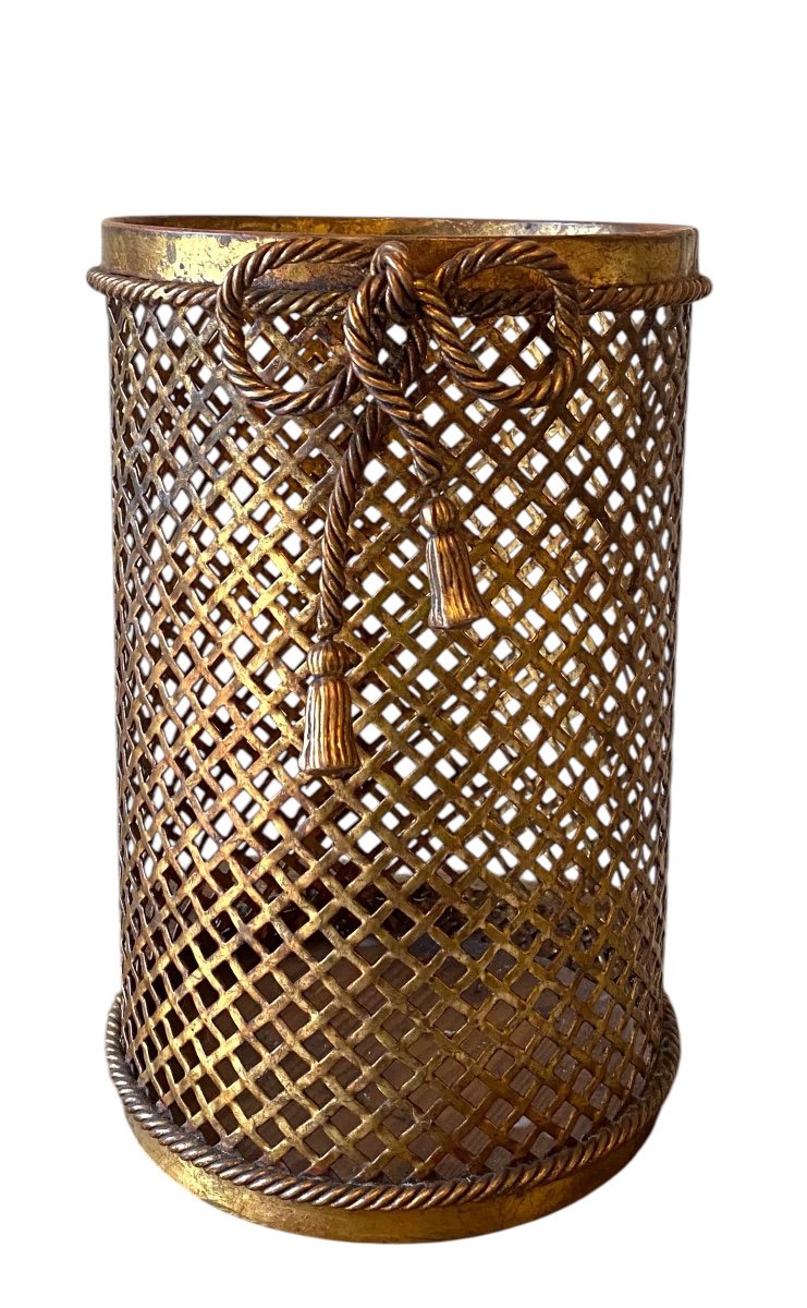 Li Puma. Openwork And Gilded Metal Basket. Italy, Mid-20th. Passementerie Decoration. 