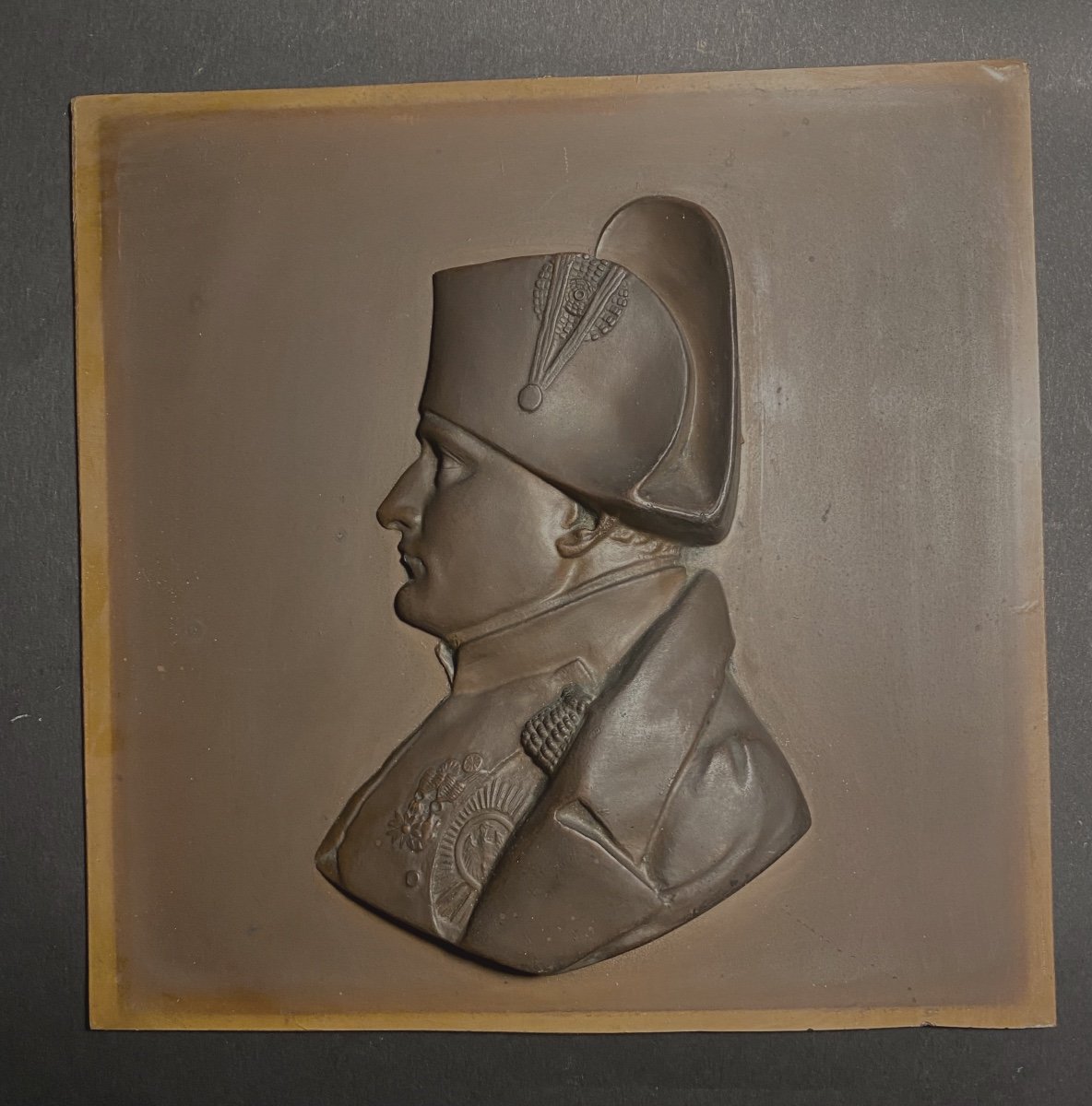 Plaque En Fonte à Patine Brune . XIXème. Profil En Bas-relief De L’empereur Napoléon 1er.