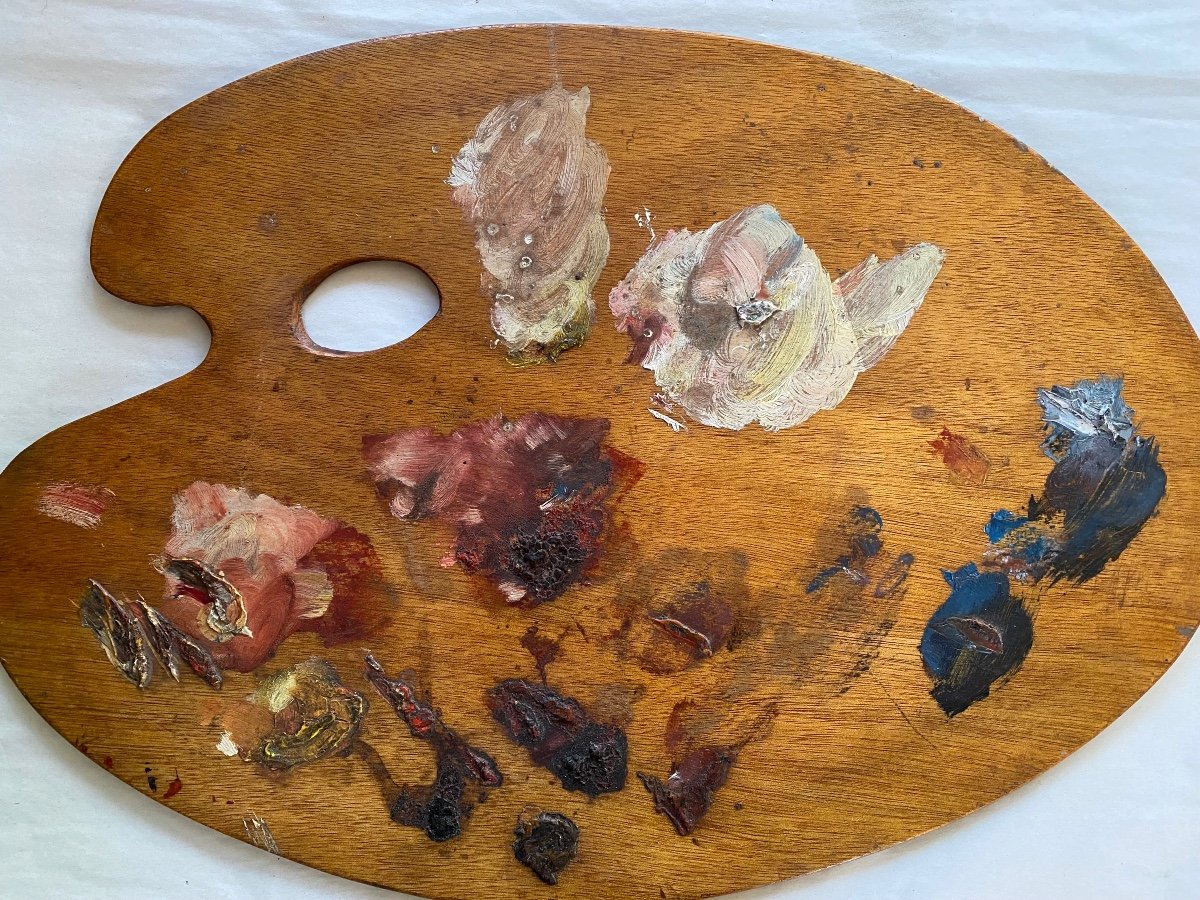 Palette De Peintre Début XXème. Panneau De Bois Avec Peinture à L’huile. -photo-2