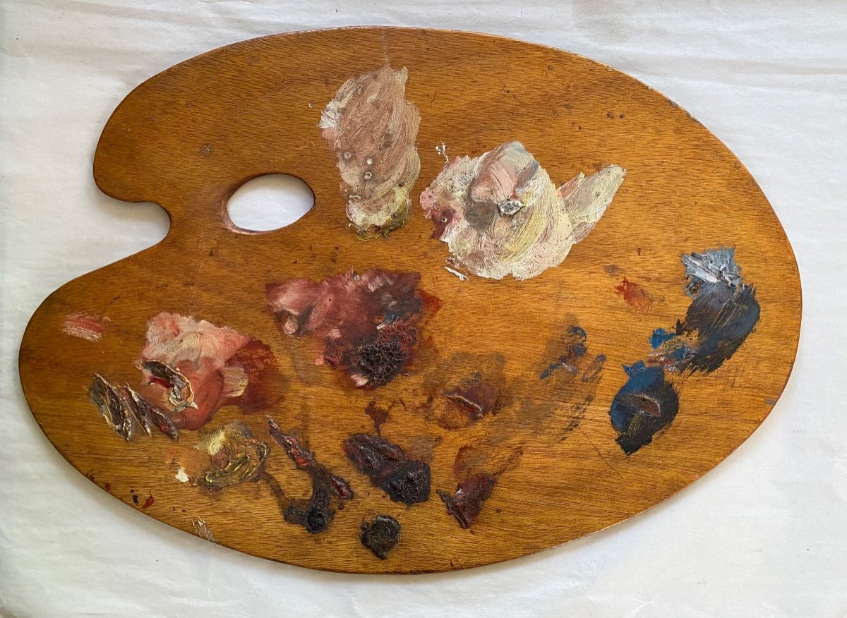 Palette De Peintre Début XXème. Panneau De Bois Avec Peinture à L’huile. 