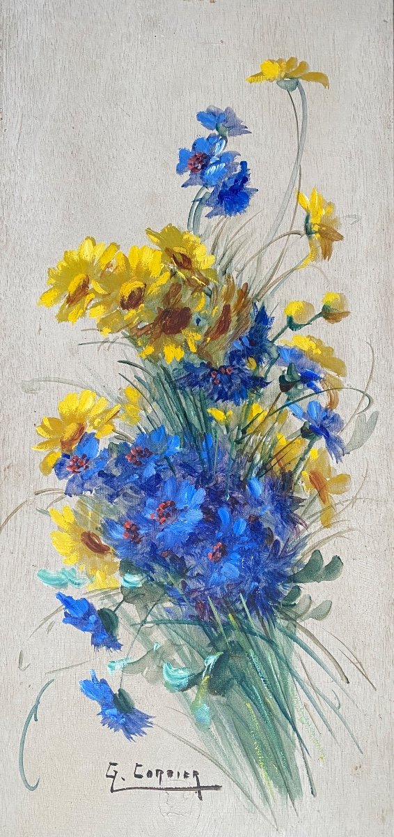 Gaston Cordier. «Bouquet De Bleuets Et Asters ». Huile Sur Panneau Encadrée. Début XX. -photo-2