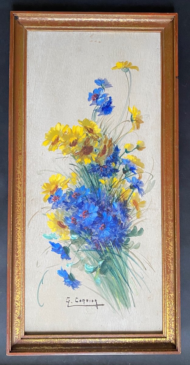 Gaston Cordier. «Bouquet De Bleuets Et Asters ». Huile Sur Panneau Encadrée. Début XX. -photo-3