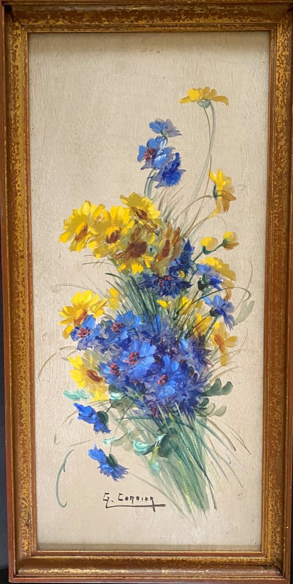 Gaston Cordier. «Bouquet De Bleuets Et Asters ». Huile Sur Panneau Encadrée. Début XX. 