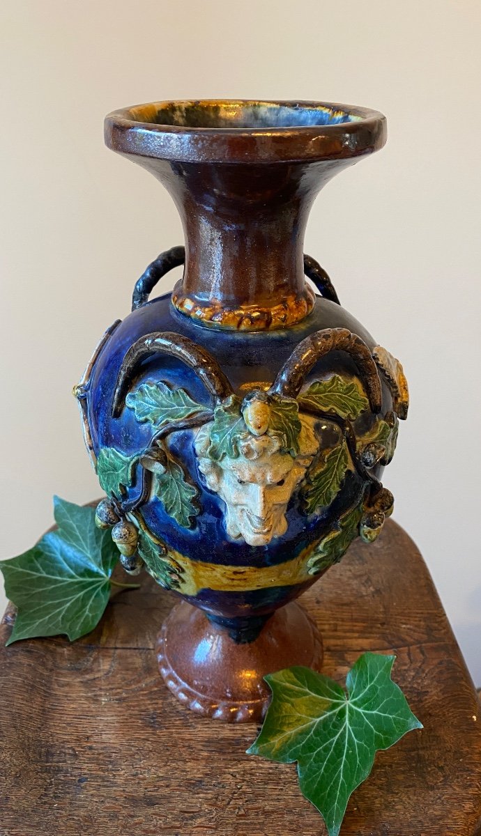 Thomas Sergent. Vase Balustre En Barbotine. Décor Têtes De Faune, Papillons, Feuilles De Chêne.-photo-4