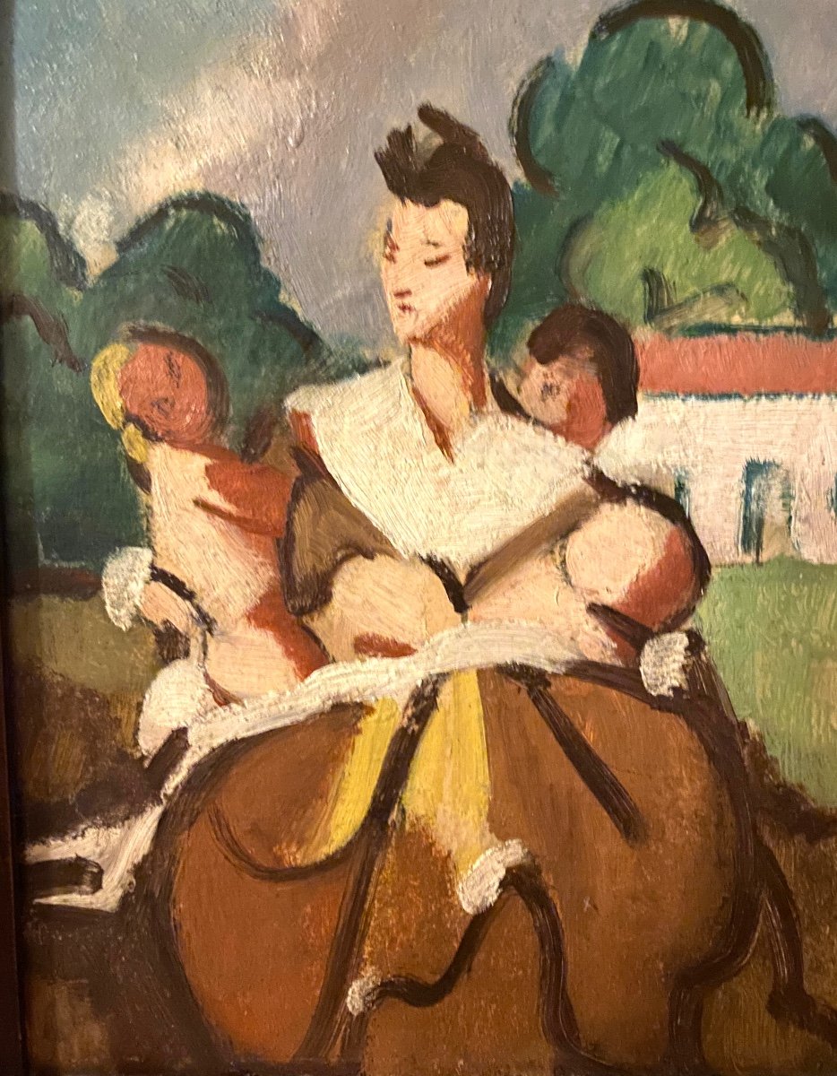 "  Mother And Children ». Framed Oil On Cardboard  Art Deco. French School, Early 20th .-photo-2