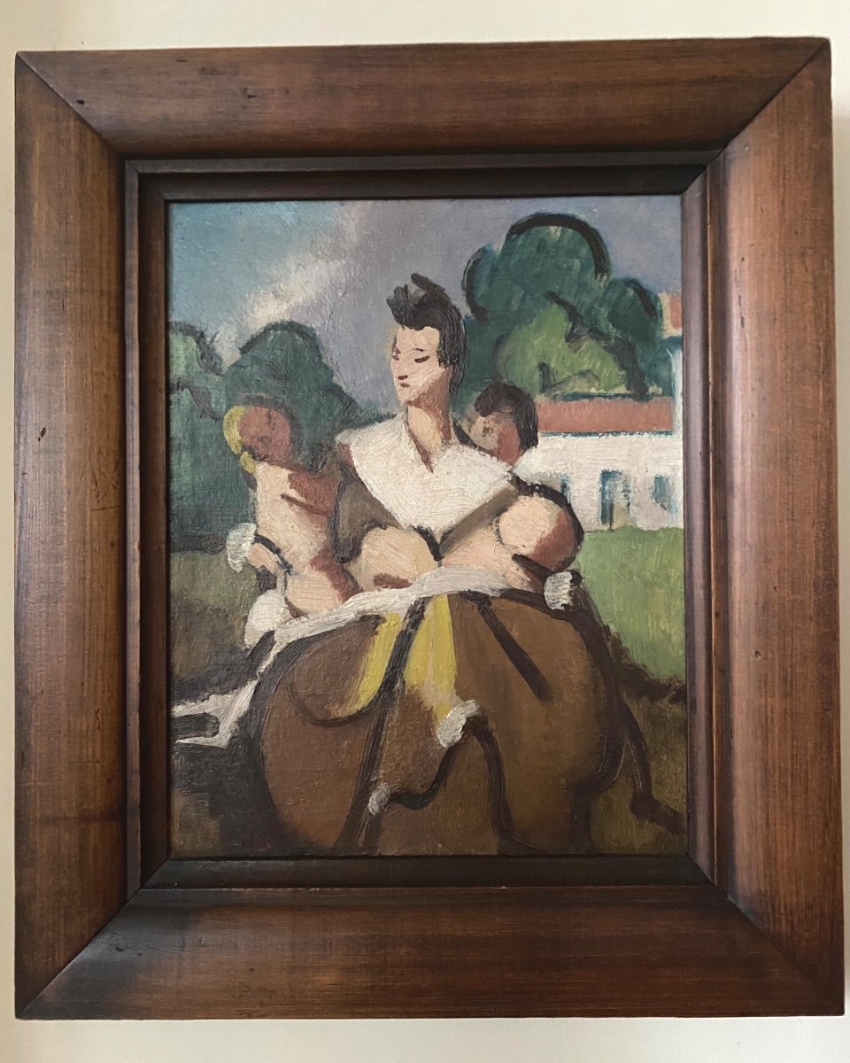 "  Mother And Children ». Framed Oil On Cardboard  Art Deco. French School, Early 20th .