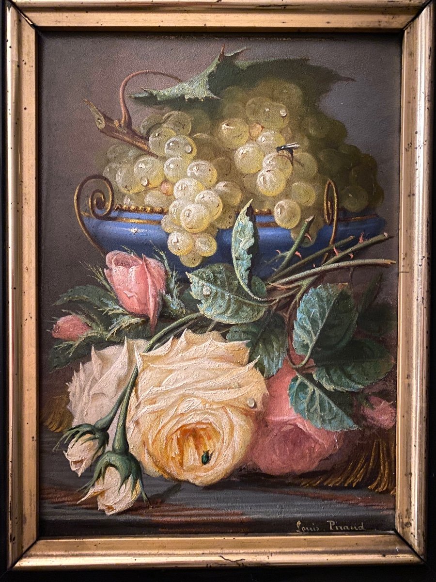 Painting. Louis Piraud. “still Life. Roses And Grapes”. French School, 19th Century. -photo-2