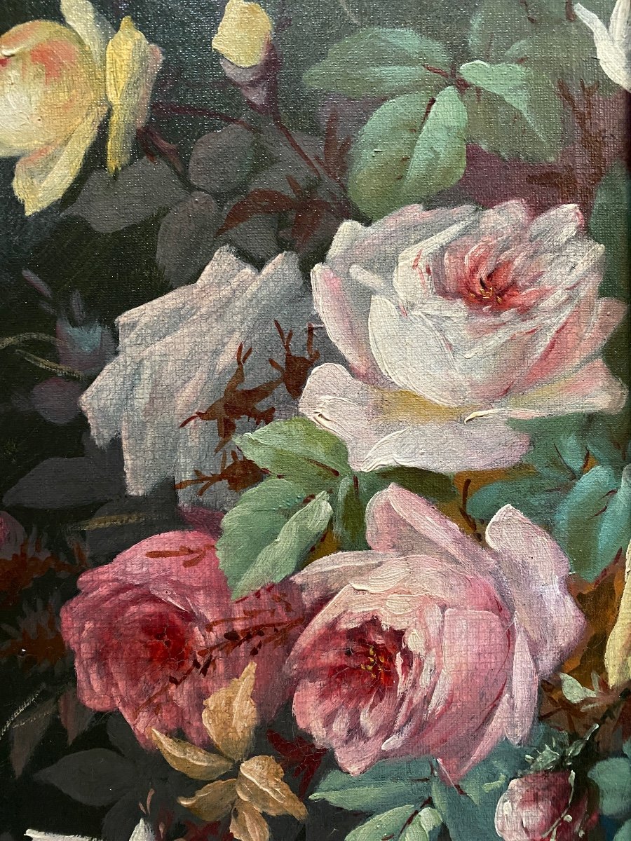 Framed Still Life. “garden Roses”. Oil On Canvas Mounted On Cardboard. Late 19th Century. -photo-2