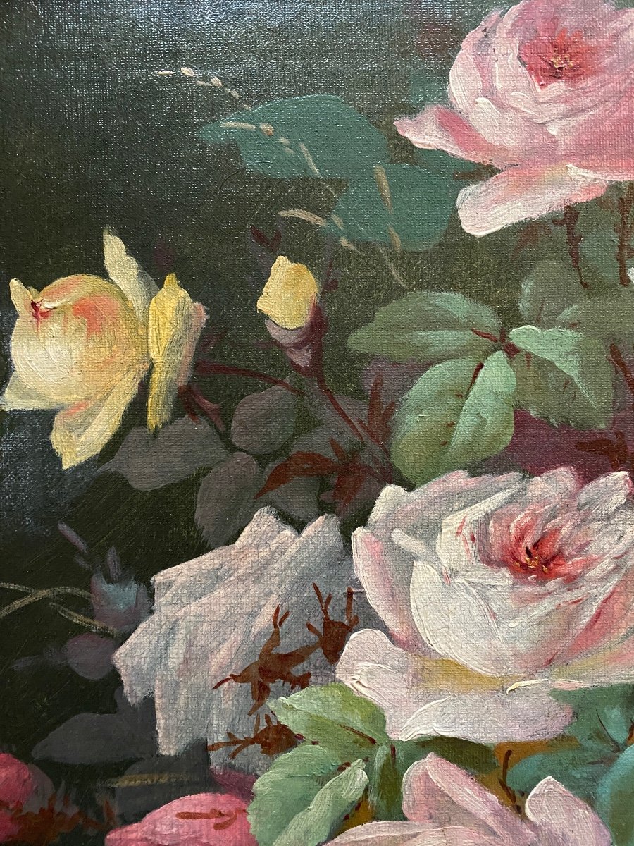 Nature Morte Encadrée. «Roses De Jardin ». Huile Sur Toile Marouflée Sur Carton. Fin XIXème. -photo-3