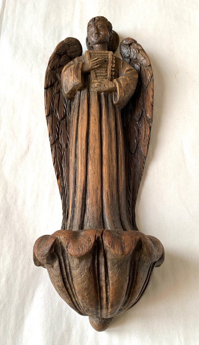 Musician Angel. 19th Century Monoxyle Sculpture. Holy Water Font. -photo-2