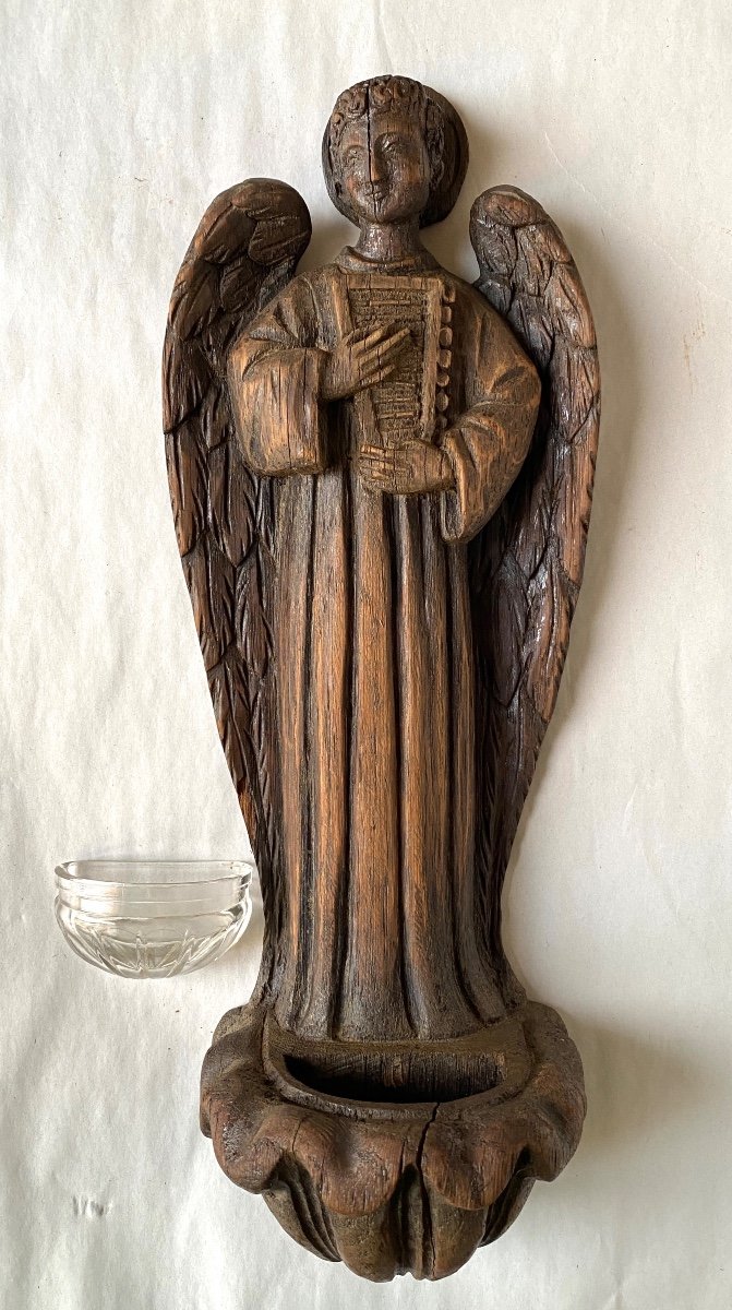 Musician Angel. 19th Century Monoxyle Sculpture. Holy Water Font. -photo-3