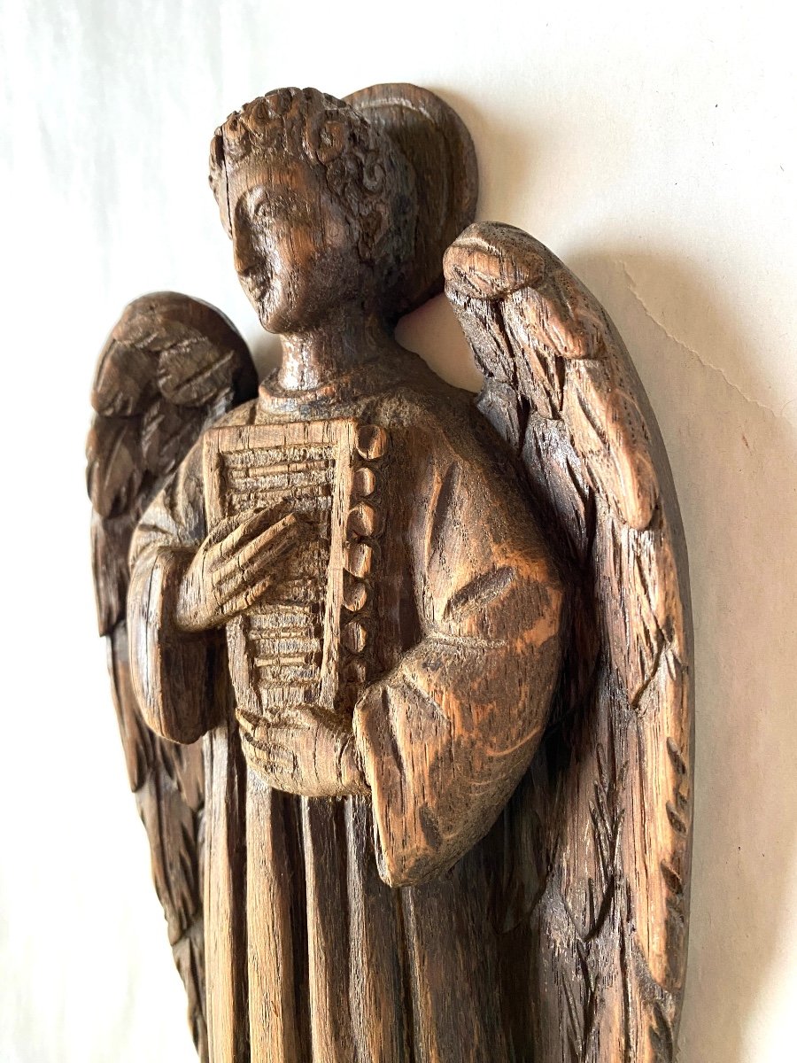 Musician Angel. 19th Century Monoxyle Sculpture. Holy Water Font. -photo-2