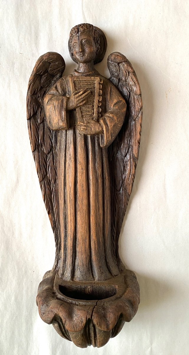 Musician Angel. 19th Century Monoxyle Sculpture. Holy Water Font. 