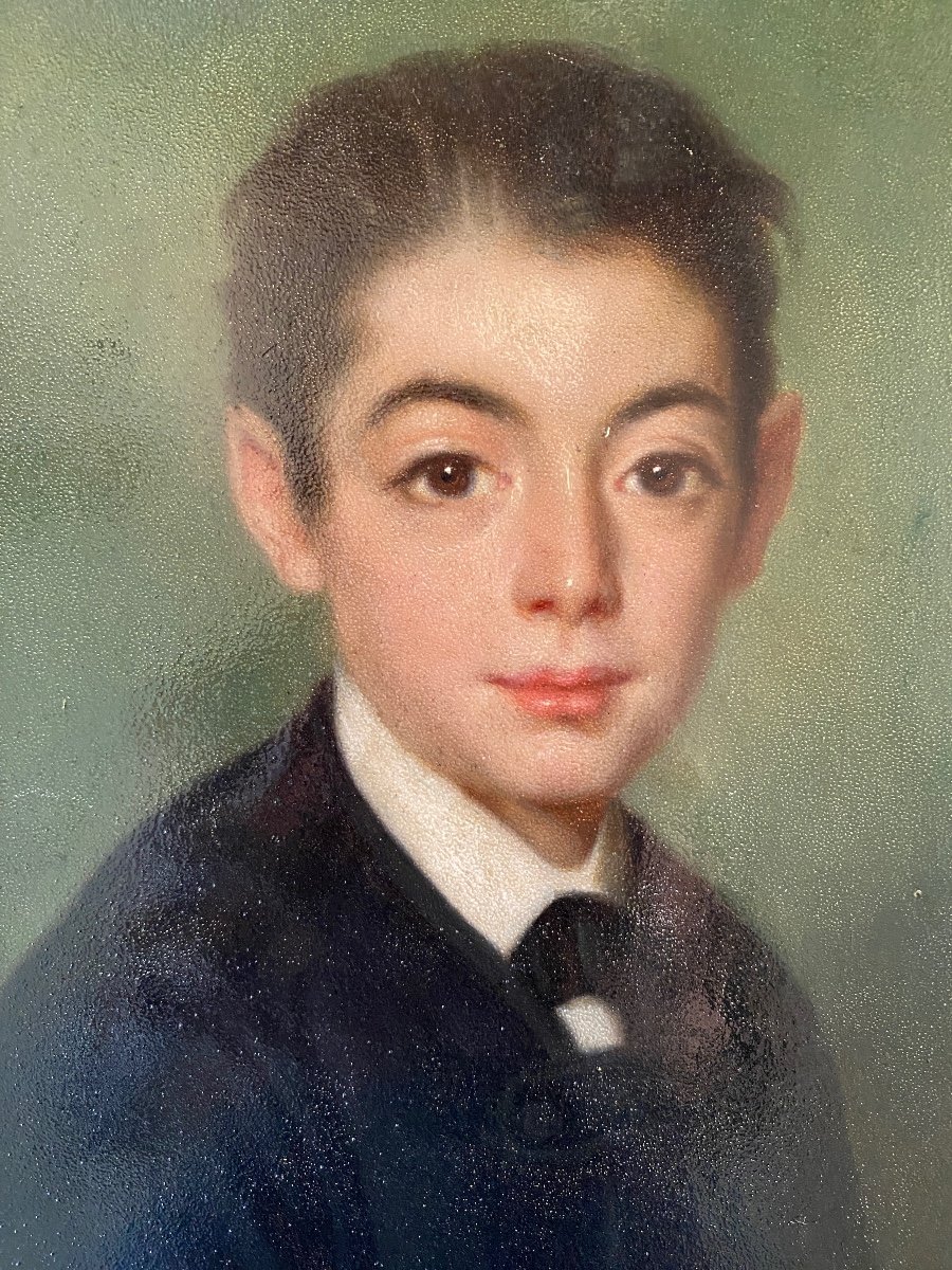 Portrait Of A Young Boy. Framed Oil On Cardboard. French School, 19th Century. -photo-2