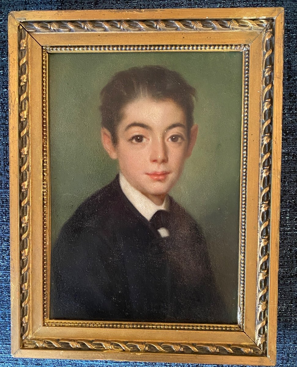 Portrait Of A Young Boy. Framed Oil On Cardboard. French School, 19th Century. -photo-4