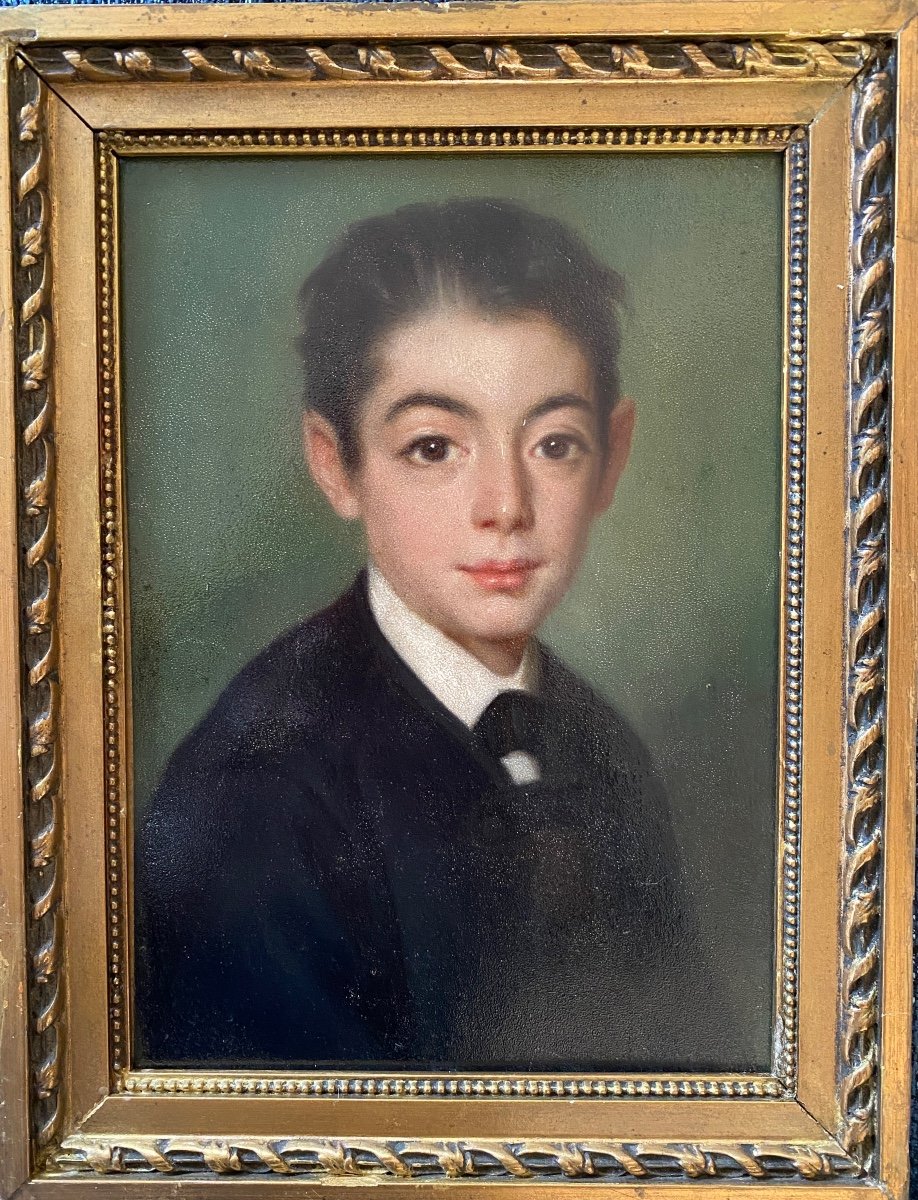 Portrait Of A Young Boy. Framed Oil On Cardboard. French School, 19th Century. 