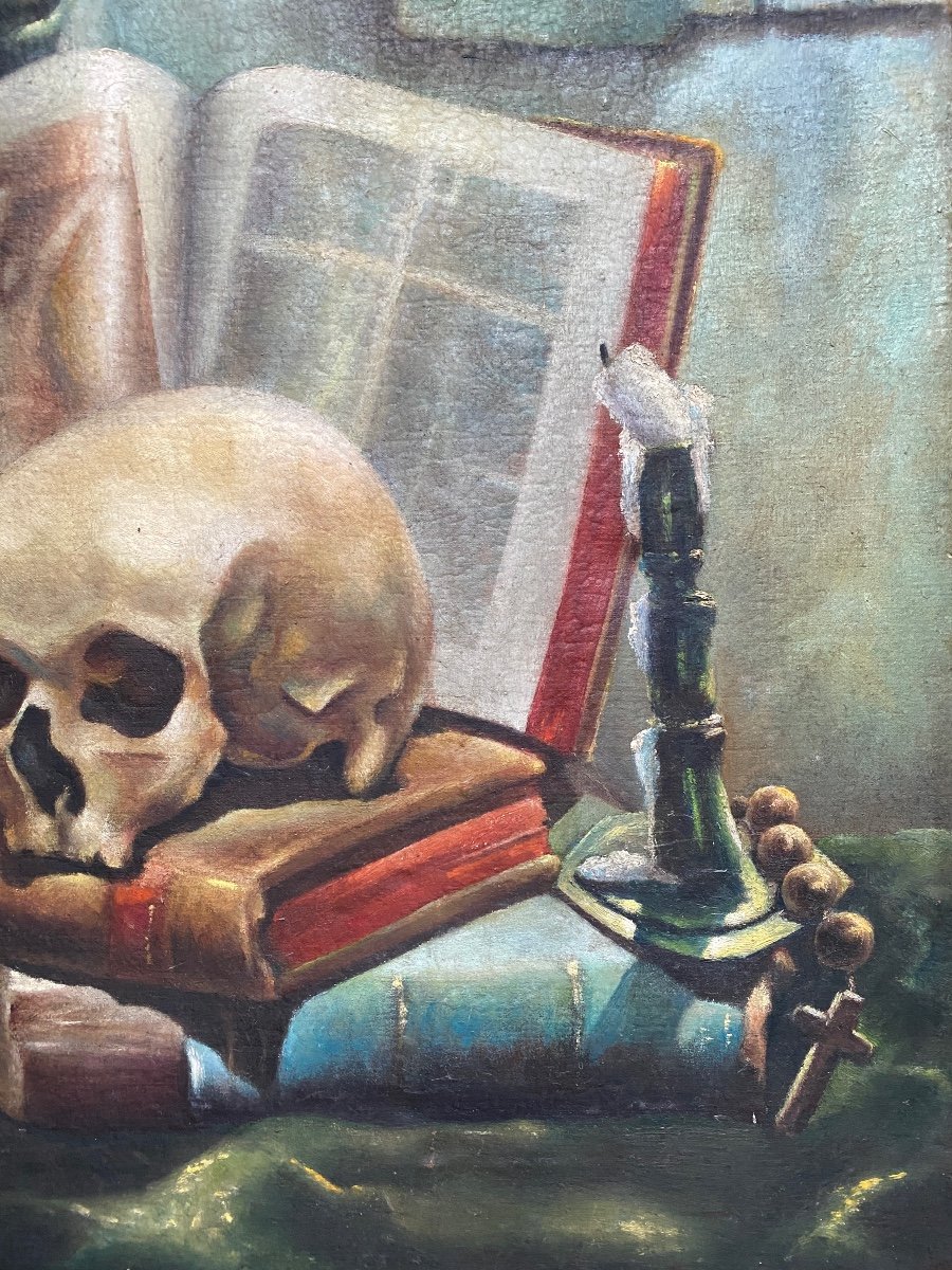 Painting. ". Vanity. Memento Mori". Oil On Canvas. French School, Mid-20th Century. -photo-3