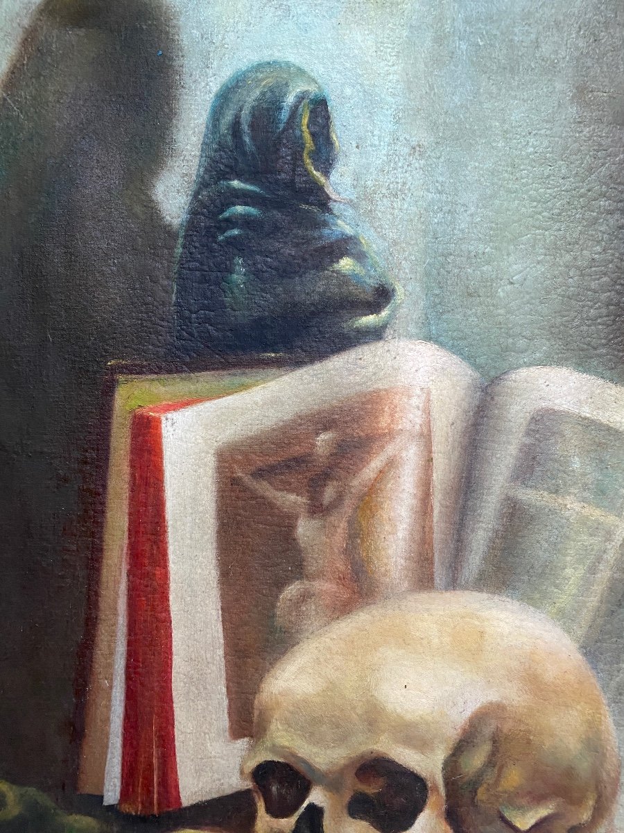 Painting. ". Vanity. Memento Mori". Oil On Canvas. French School, Mid-20th Century. -photo-4