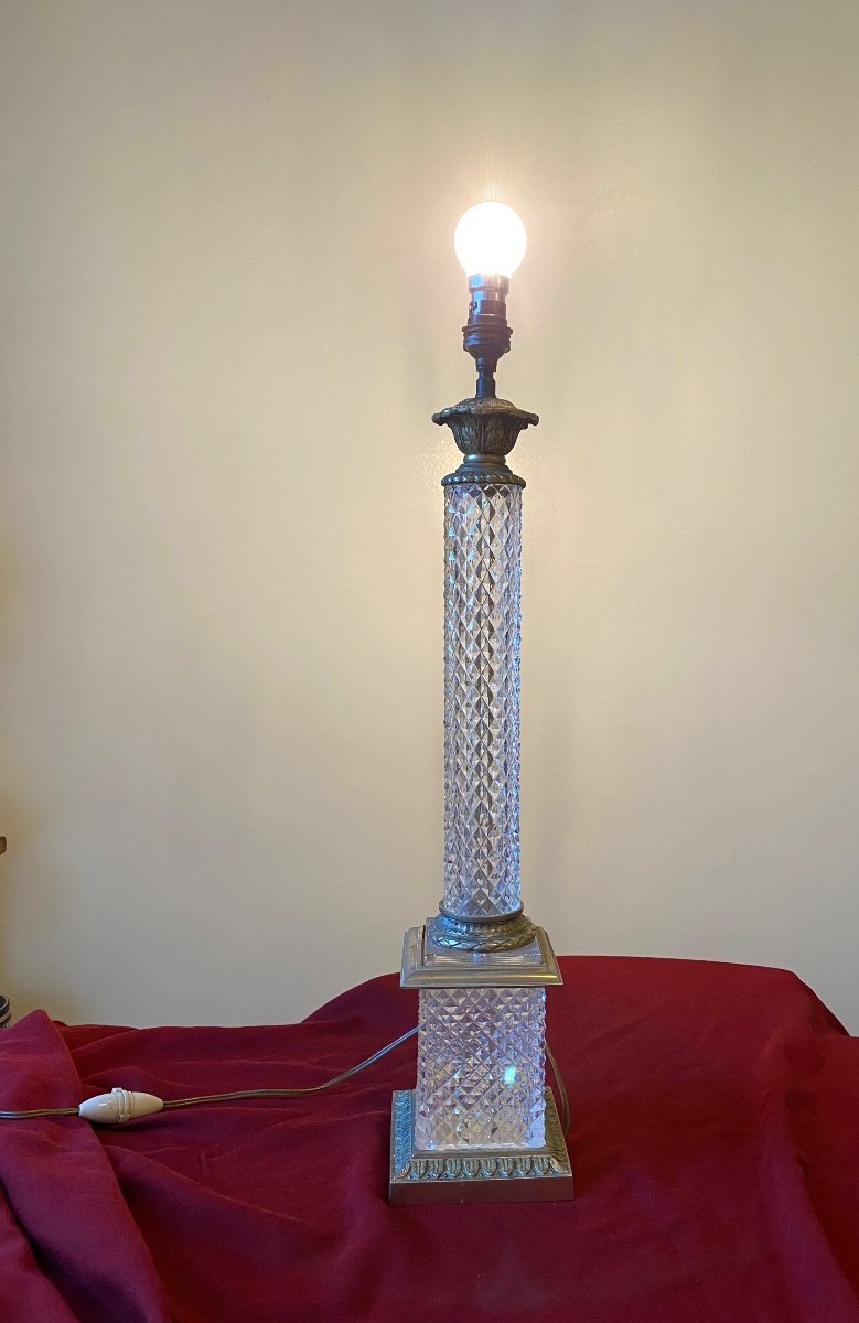 Cut Crystal And Bronze Lamp Base. Column. Mid 20th Century. -photo-2