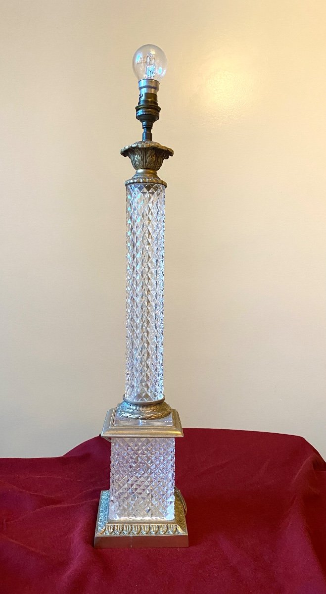 Cut Crystal And Bronze Lamp Base. Column. Mid 20th Century. 