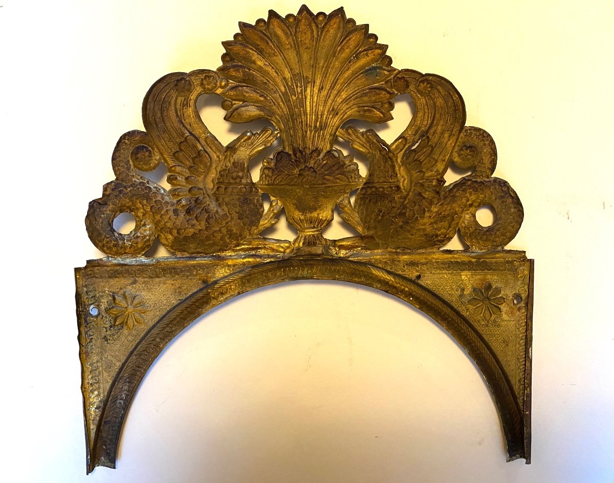 Decorative Pediment In Stamped Brass, Early 19th Century. Chimera And Palmette Decoration.-photo-1