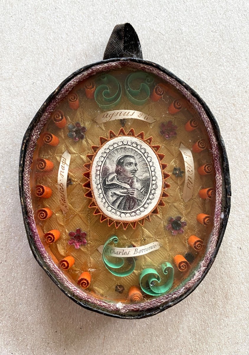 Reliquary Early 19th Century. Engraving And Quilling. St Charles Borromeo. 