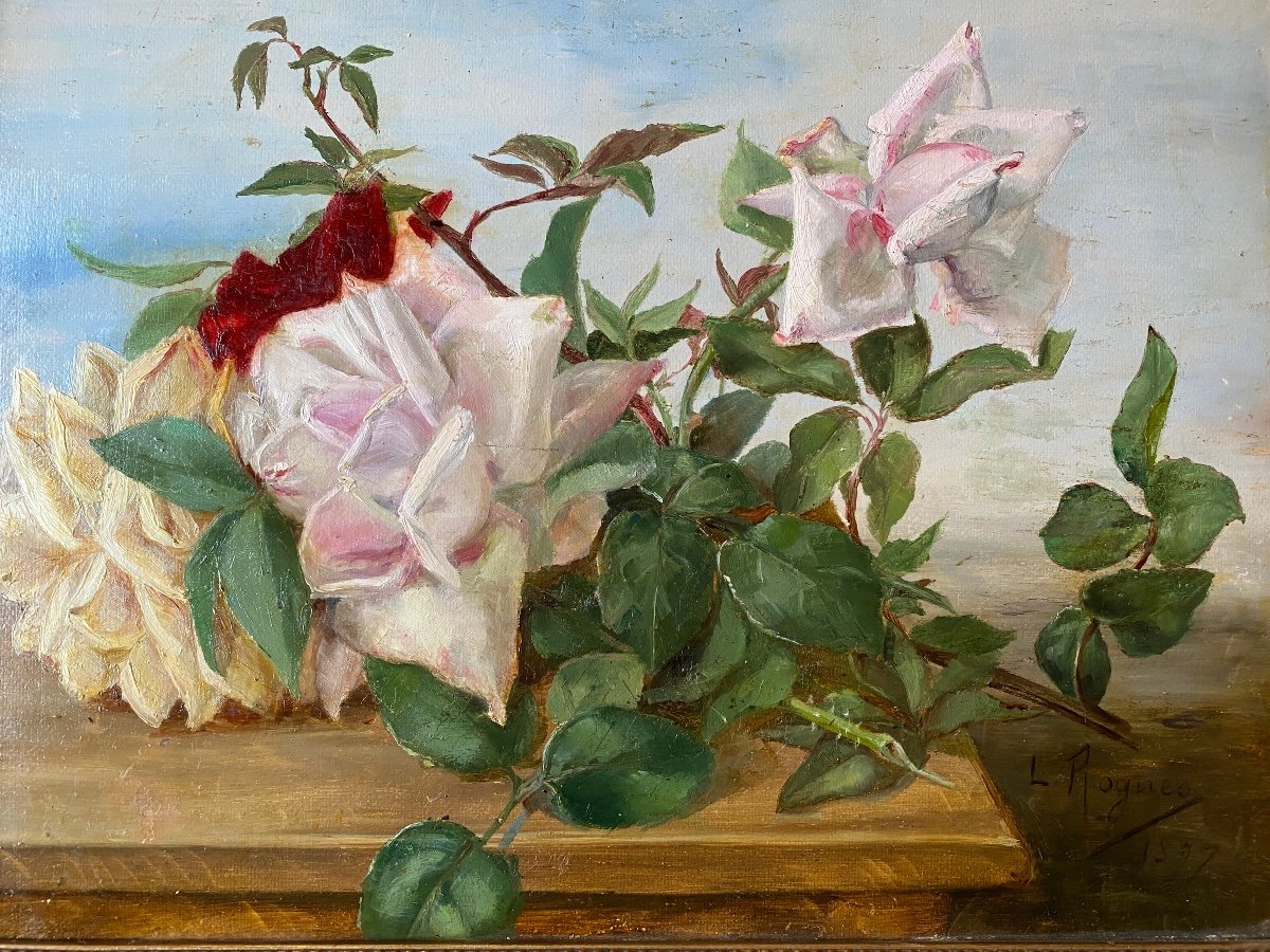 Lucie Roguès. « roses”. Still Life. Framed Oil On Cardboard . 1897.-photo-2