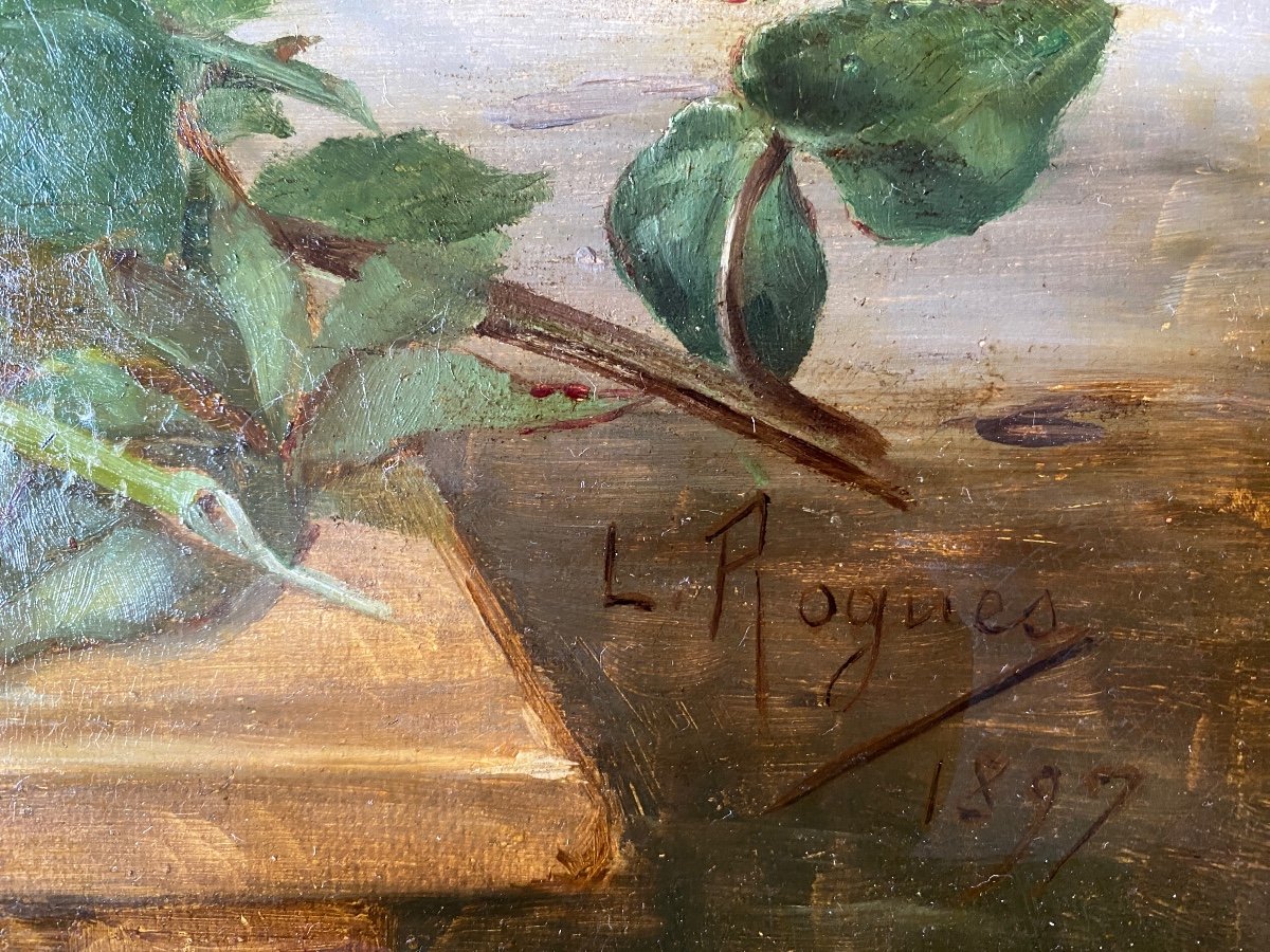 Lucie Roguès. « roses”. Still Life. Framed Oil On Cardboard . 1897.-photo-3