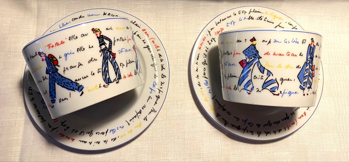 Sonia Rykiel. Tête à Tête En Porcelaine.  Tasses et soucoupes. Années 90. 