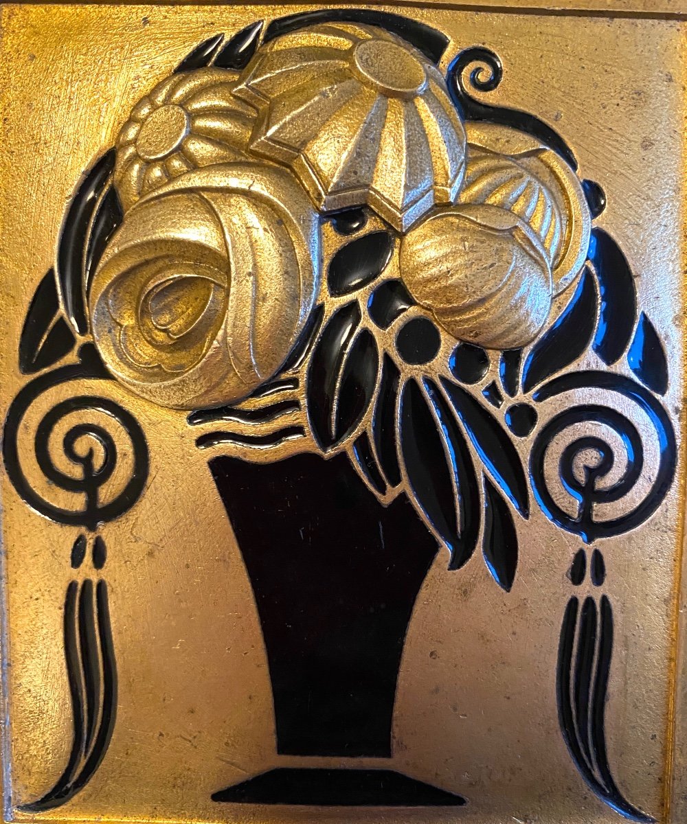 Art Deco Ornamental Plaque In Bronze And Black Enamel. Stylized Flower Vase. 1920s. -photo-2