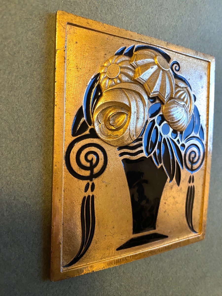 Art Deco Ornamental Plaque In Bronze And Black Enamel. Stylized Flower Vase. 1920s. -photo-3