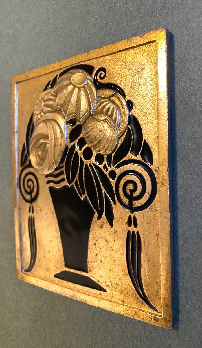 Art Deco Ornamental Plaque In Bronze And Black Enamel. Stylized Flower Vase. 1920s. -photo-4