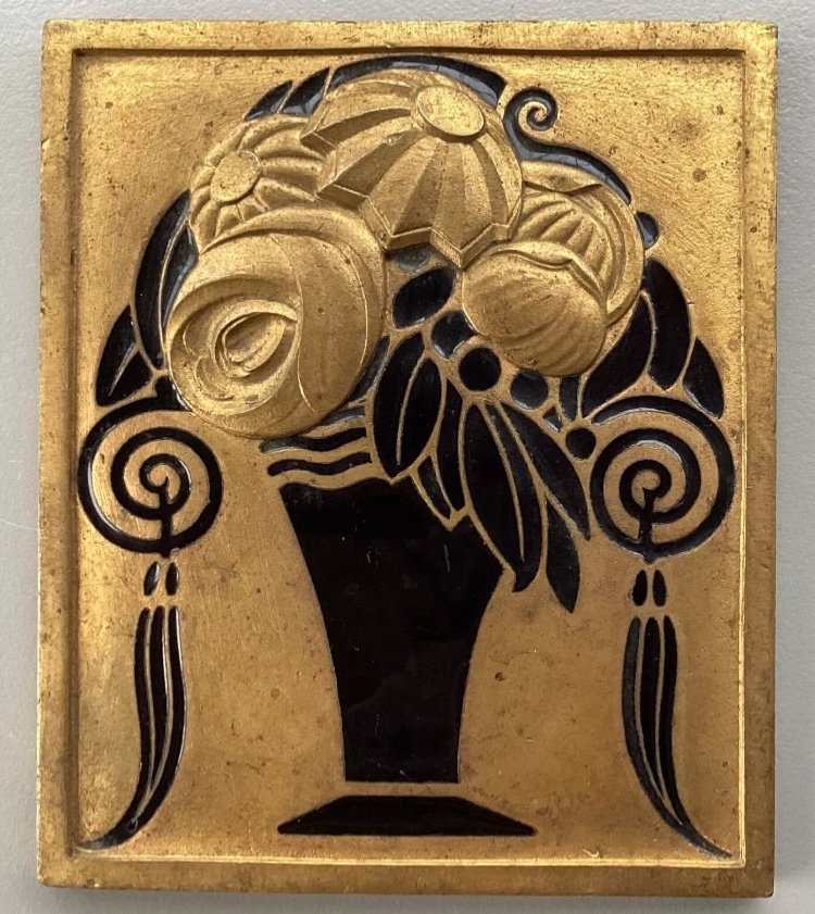 Art Deco Ornamental Plaque In Bronze And Black Enamel. Stylized Flower Vase. 1920s. -photo-3