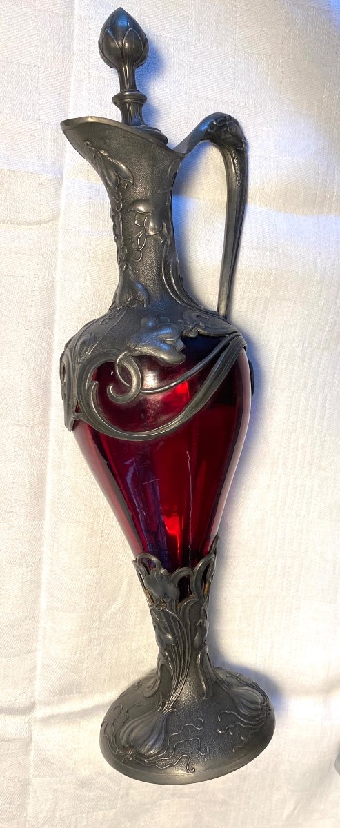 Aiguière Art Nouveau. Verre Rouge Et Garniture En étain. -photo-3