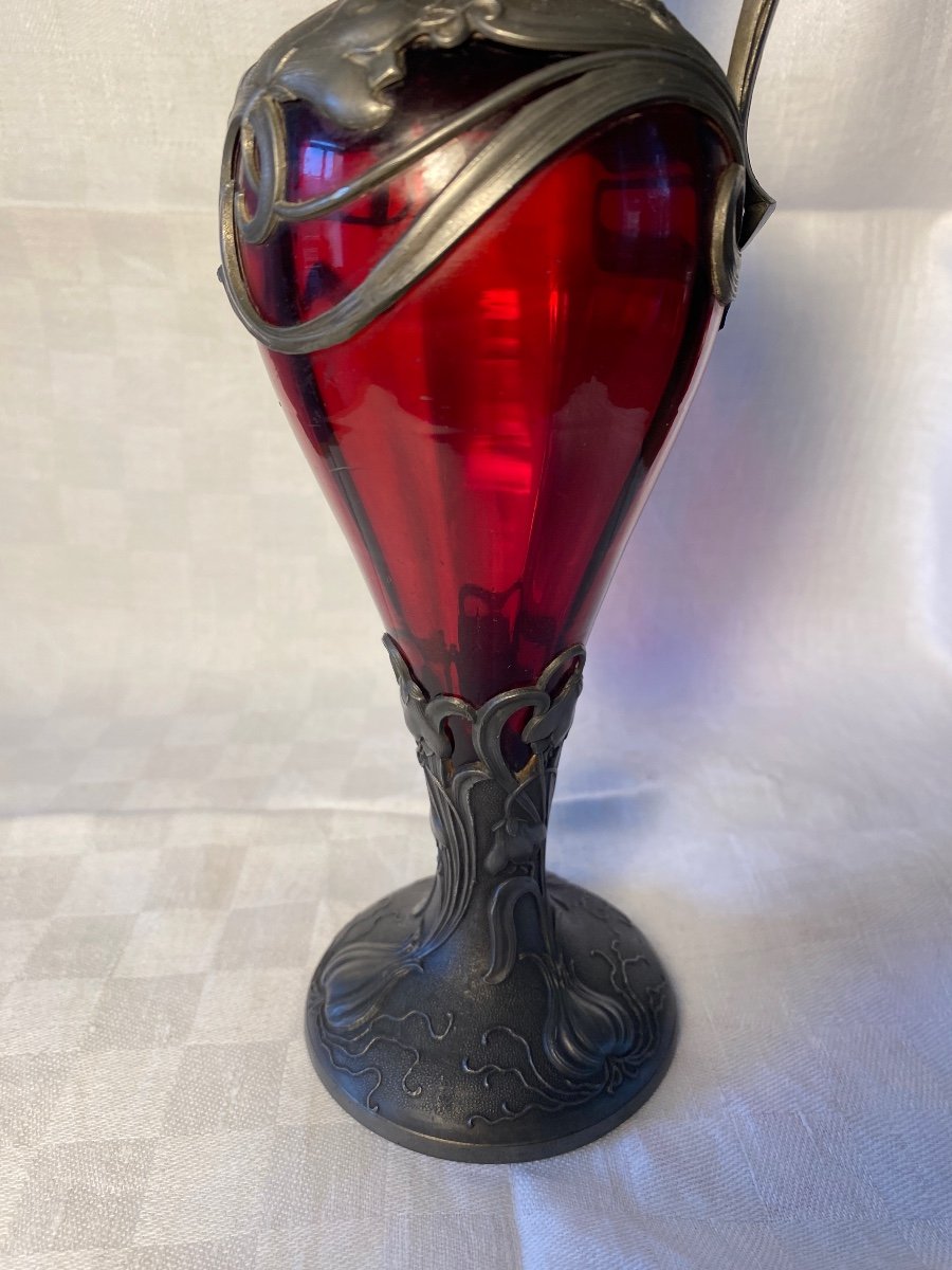 Aiguière Art Nouveau. Verre Rouge Et Garniture En étain. -photo-4