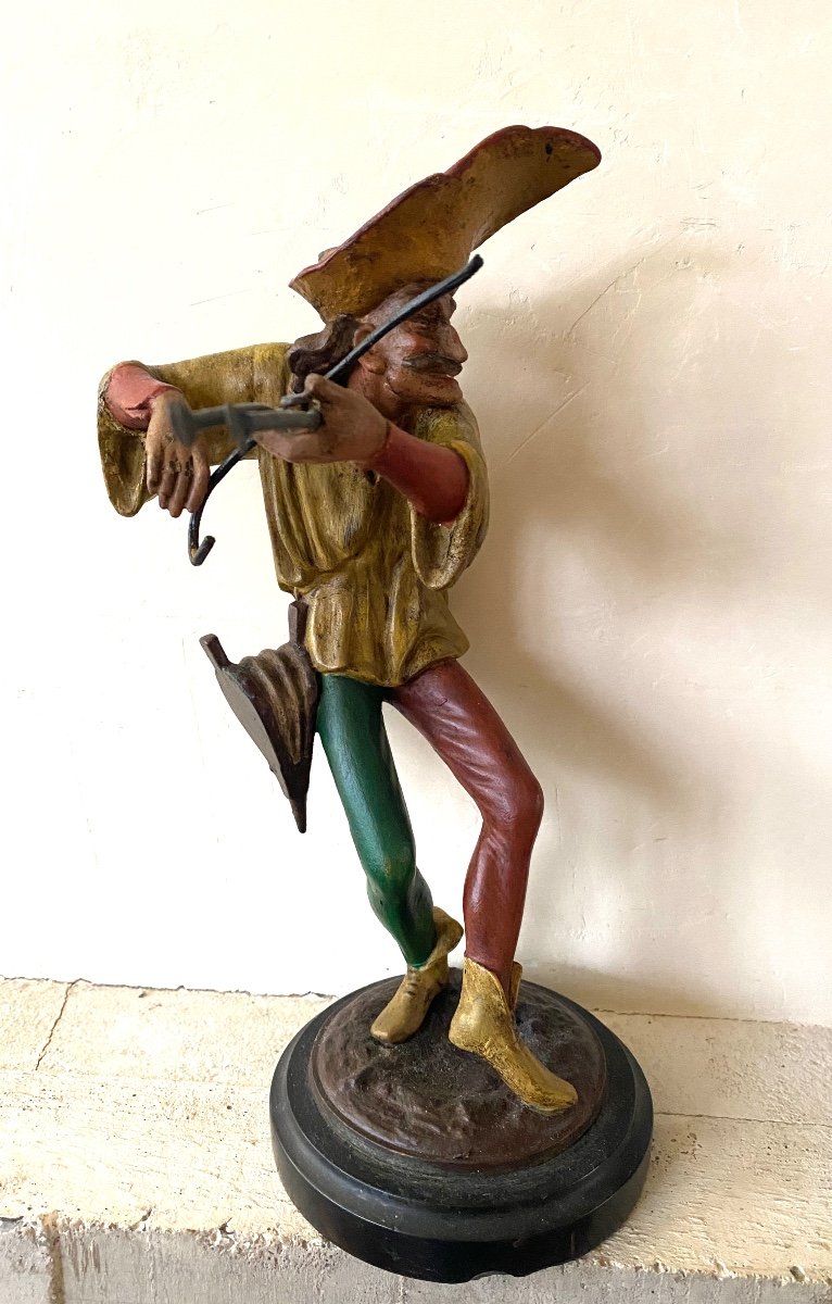 19th Polychrome Metal Candlesticks. Minstrels. Jesters. Grotesque Musicians. -photo-2