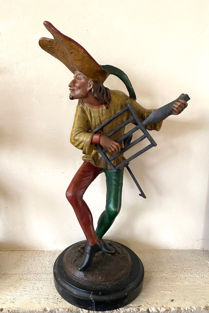 19th Polychrome Metal Candlesticks. Minstrels. Jesters. Grotesque Musicians. -photo-3