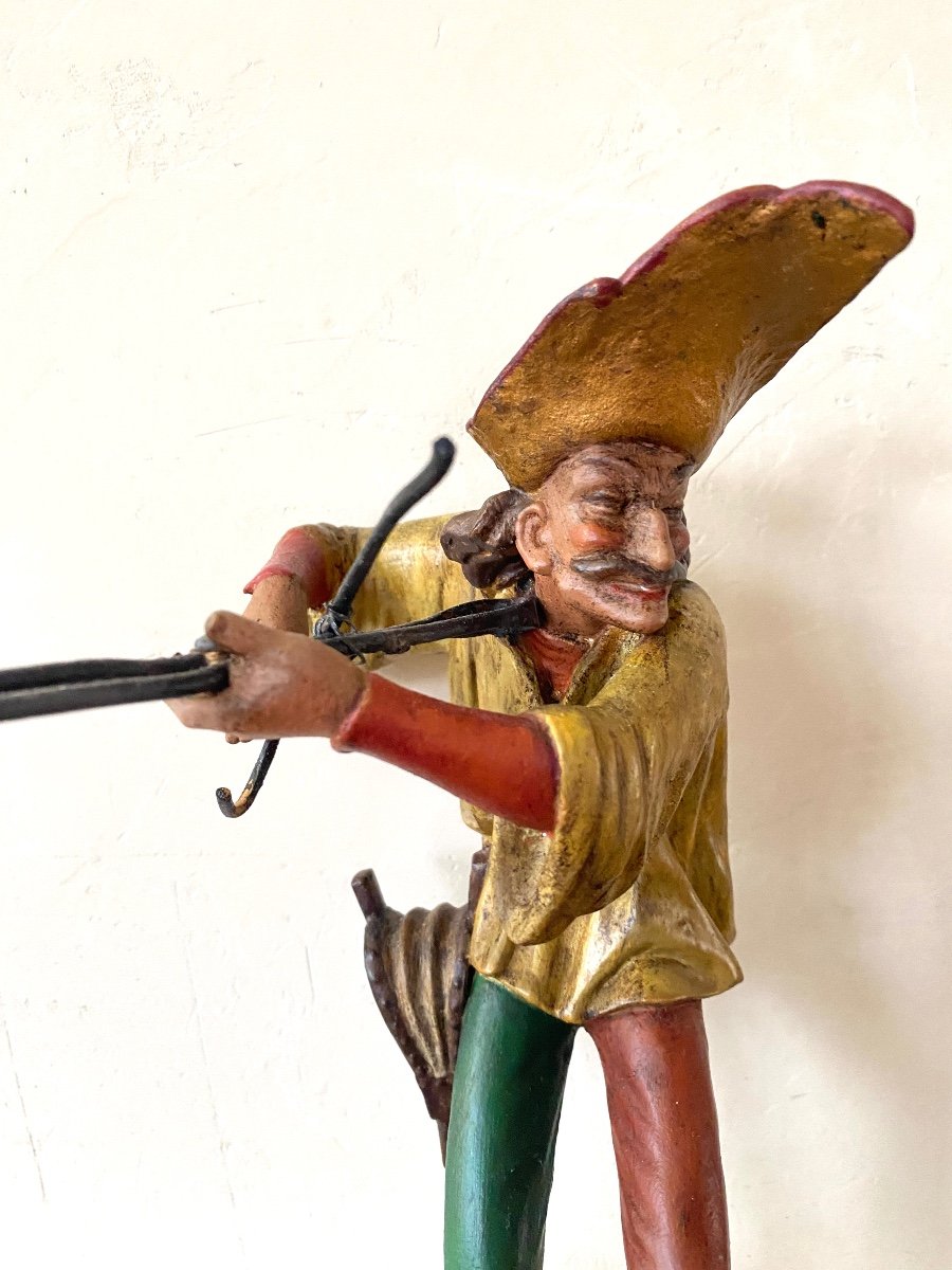 19th Polychrome Metal Candlesticks. Minstrels. Jesters. Grotesque Musicians. -photo-1