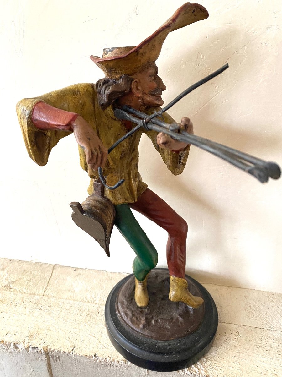 19th Polychrome Metal Candlesticks. Minstrels. Jesters. Grotesque Musicians. -photo-2