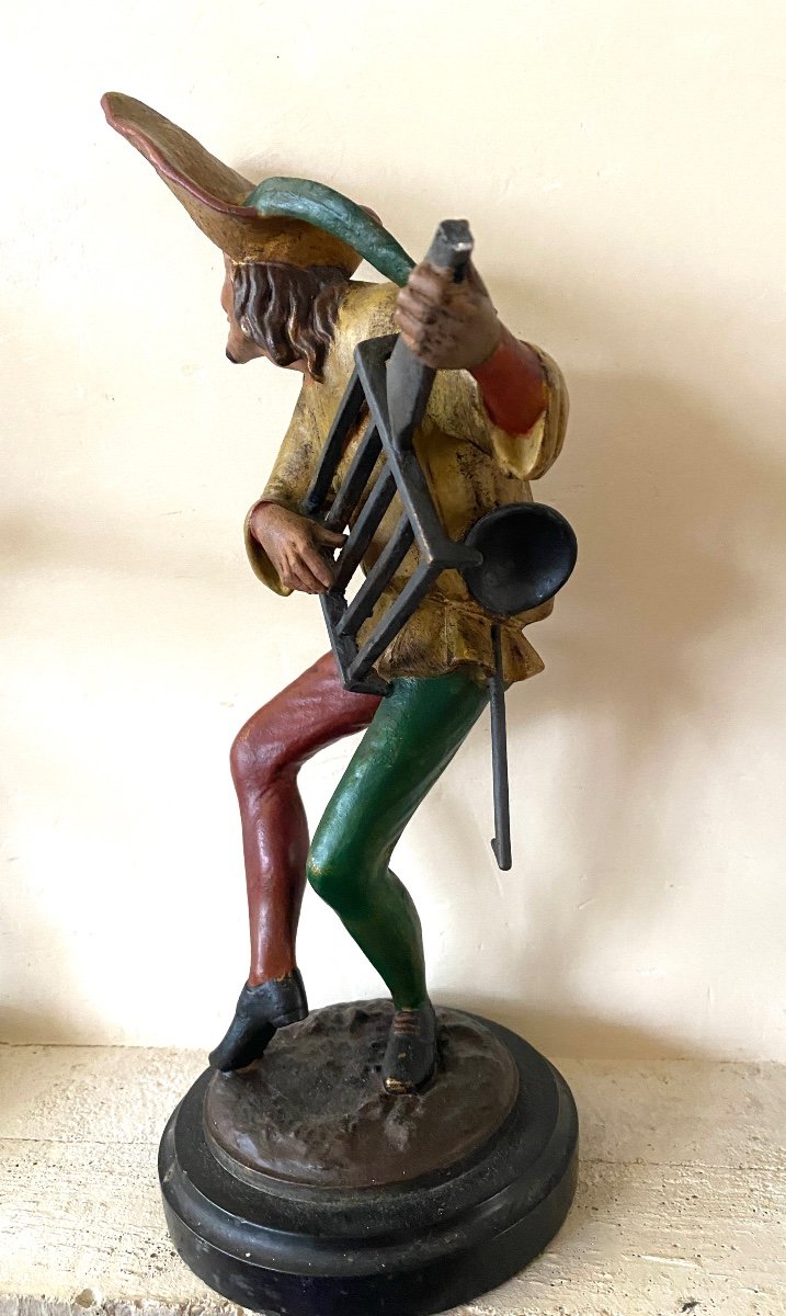 19th Polychrome Metal Candlesticks. Minstrels. Jesters. Grotesque Musicians. -photo-4