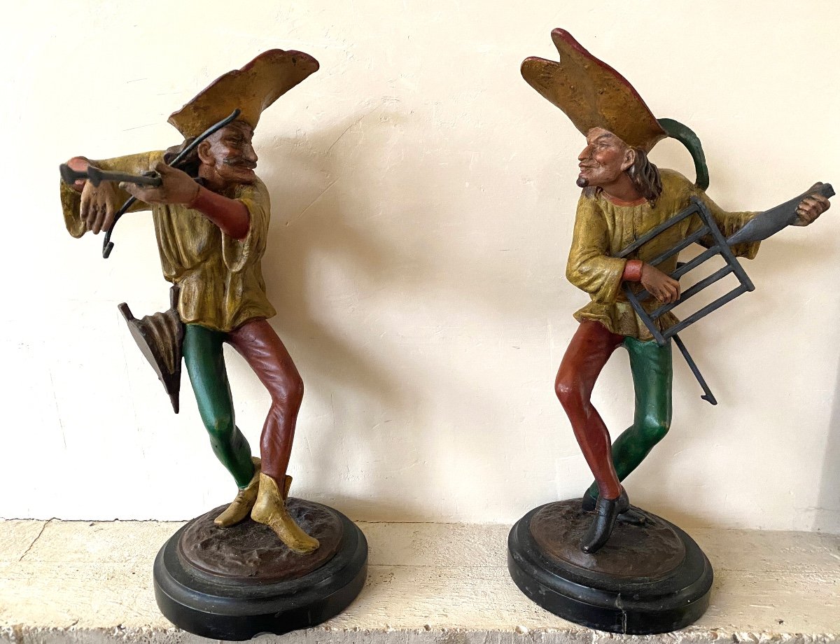 19th Polychrome Metal Candlesticks. Minstrels. Jesters. Grotesque Musicians. 