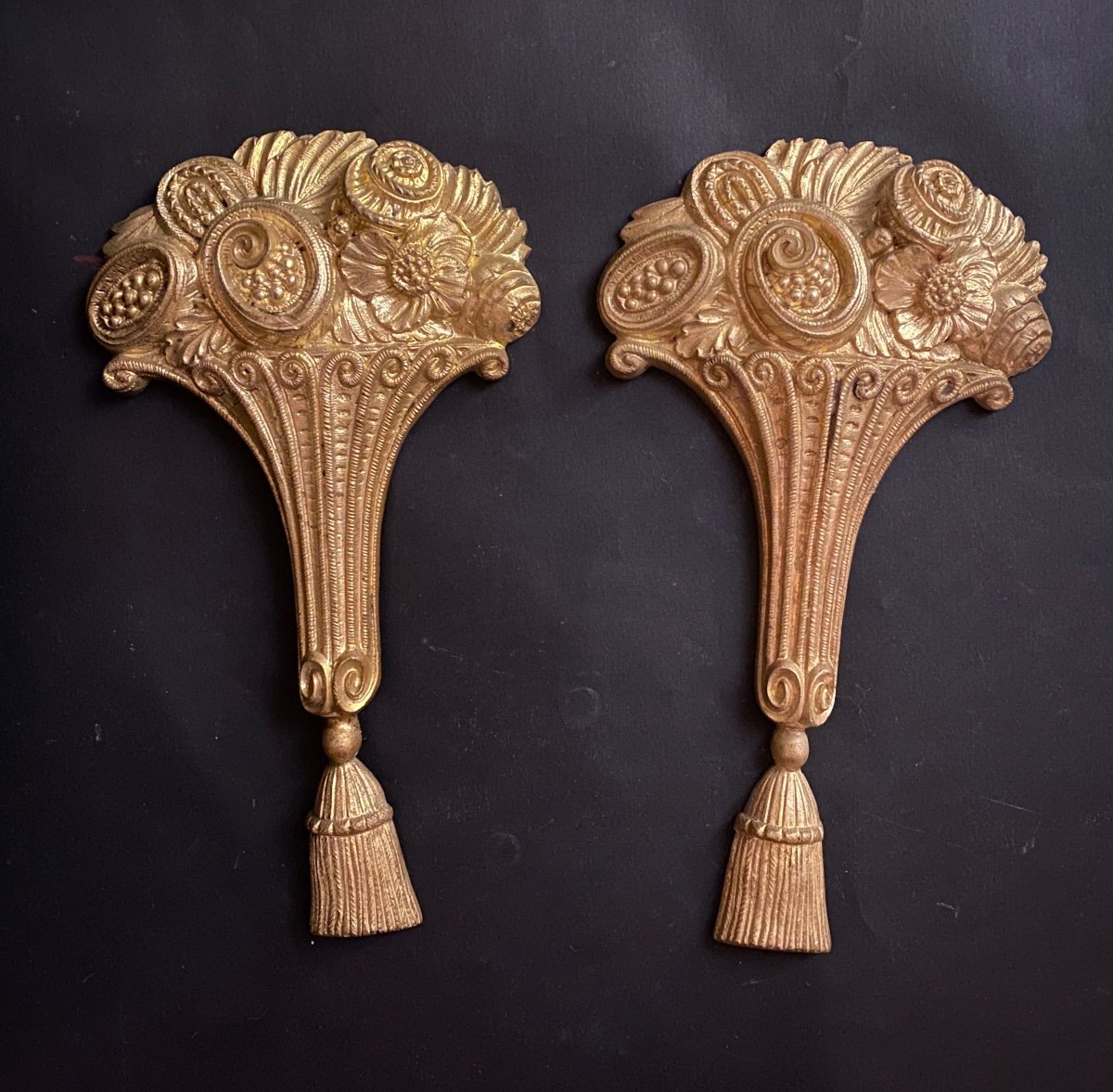 Pair Of Art Deco Ornamental Bronzes. Flower Baskets And Passementerie Tassel. 