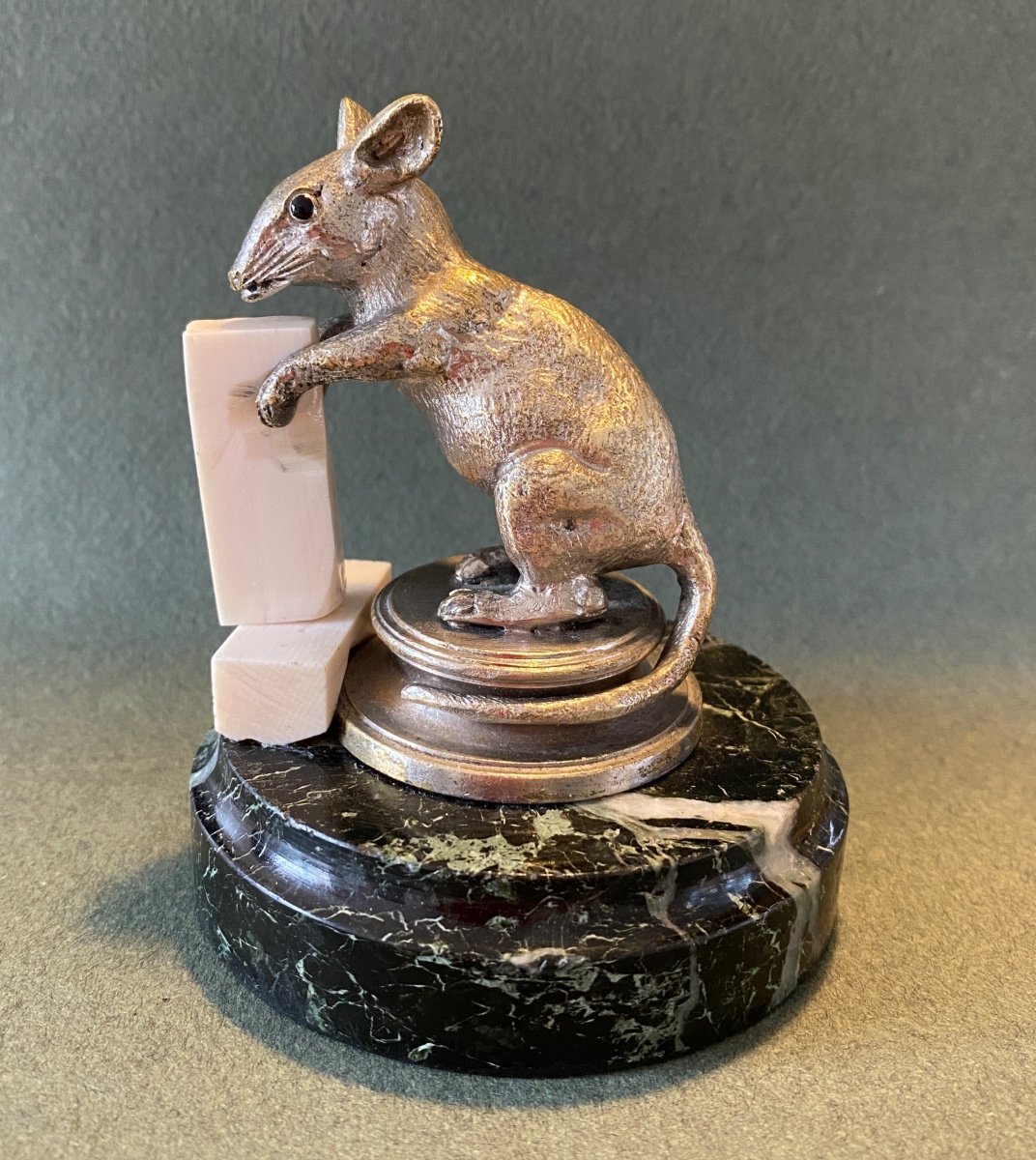 Mouse Nibbling On A Sugar Cube. 19th Century Silver-plated Bronze Sculpture. 