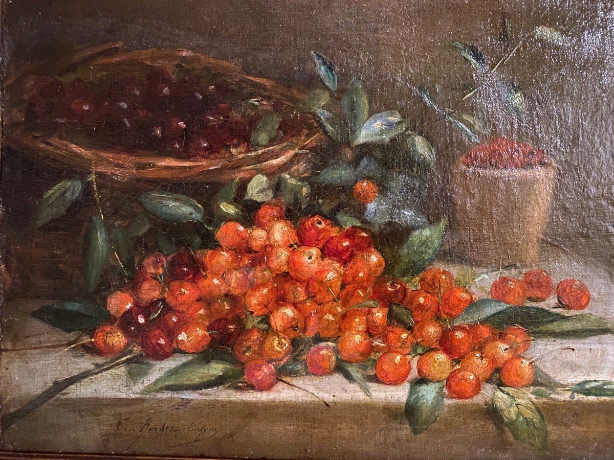 «Les Cerises ». Nature Morte XIXème. Huile Sur Toile Marouflée Sur Carton. -photo-2