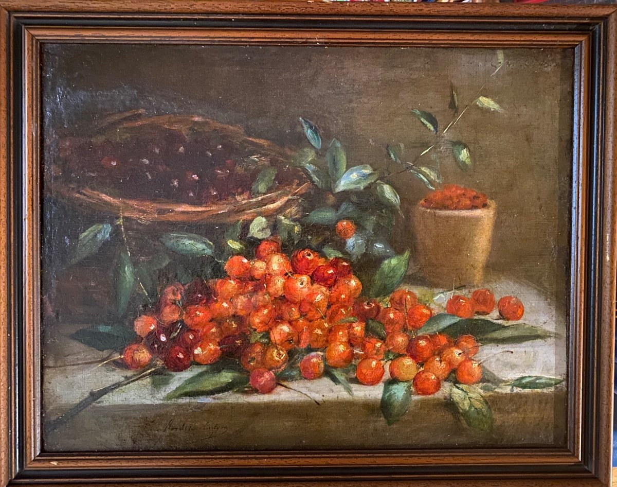 «Les Cerises ». Nature Morte XIXème. Huile Sur Toile Marouflée Sur Carton. 