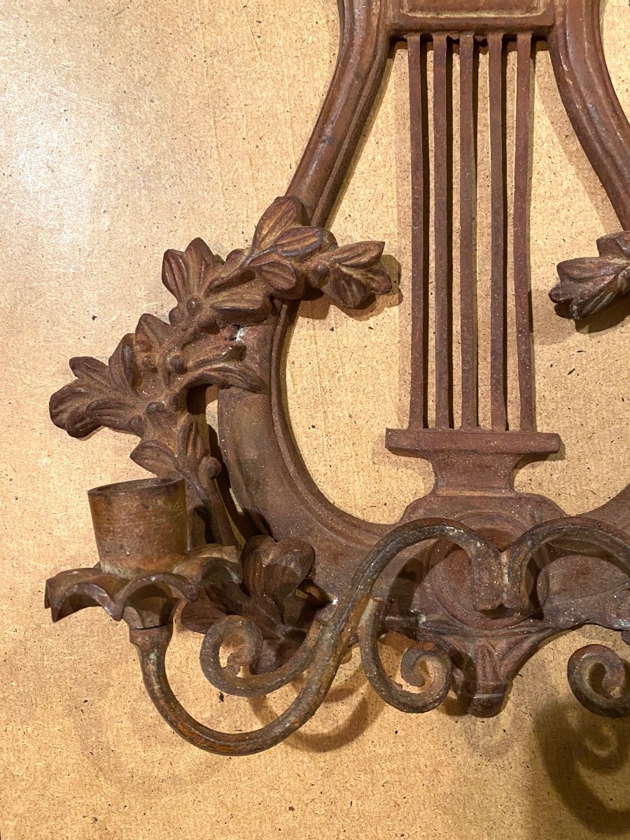 Pair Of 20th Century Patinated Cast Iron Candlesticks. Lyres And Laurel Leaves. -photo-1