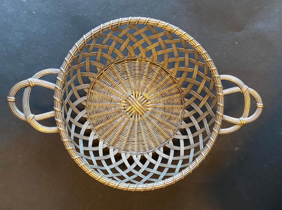 Basket In Woven Silver Metal. Mid 20th Century. -photo-2