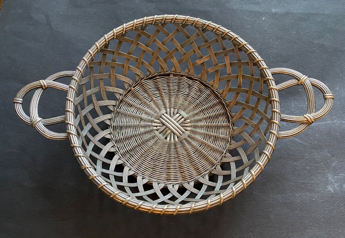 Basket In Woven Silver Metal. Mid 20th Century. -photo-1